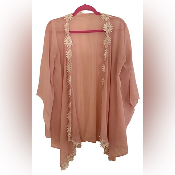 None Other - Pink Sheer Kimono with Floral Trim